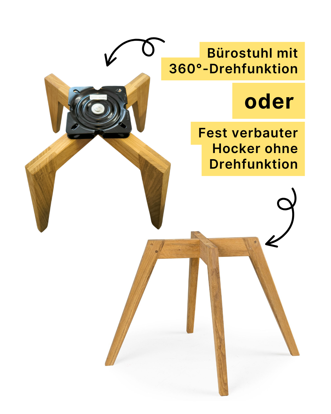 Varianten der Beingestelle des Stuhls für den Schneidersitz: mit und ohne Drehfunktion